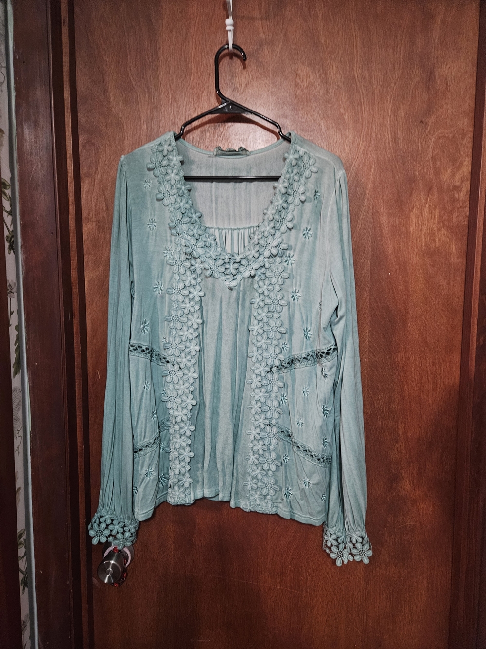 POL Light Teal Floral Appliqué Long-Sleeve Tunic